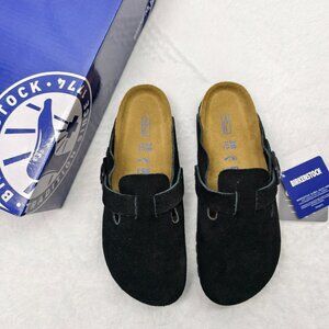 Women's Black Suede Birkenstock Boston Shoes - Narrow Fit